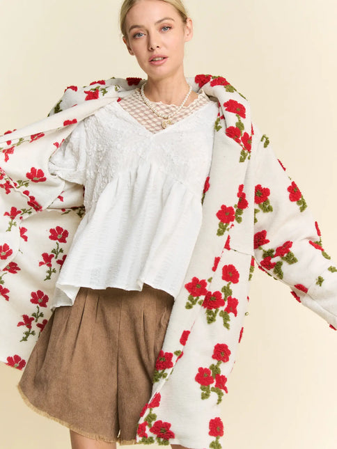 DAVI & DANI Floral Pocket Chunky Button Front Hoodie Jacket - White