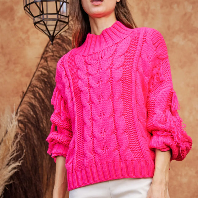 DAVI & DANI Fringe Detail Thick Thread Yarn Sweater Top (In Standard and Plus Sizes)