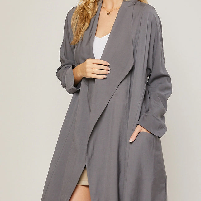 BLUIVY Oversized Drape Front Trench Duster - Ash