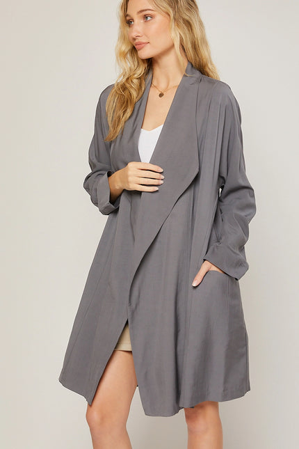 BLUIVY Oversized Drape Front Trench Duster - Ash