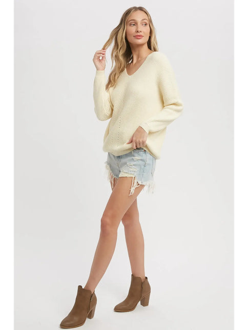 BLUIVY Pointelle Ribbed V-Neck Pullover - Cream