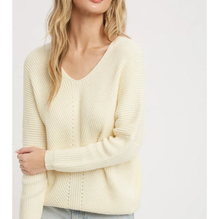 BLUIVY Pointelle Ribbed V-Neck Pullover - Cream