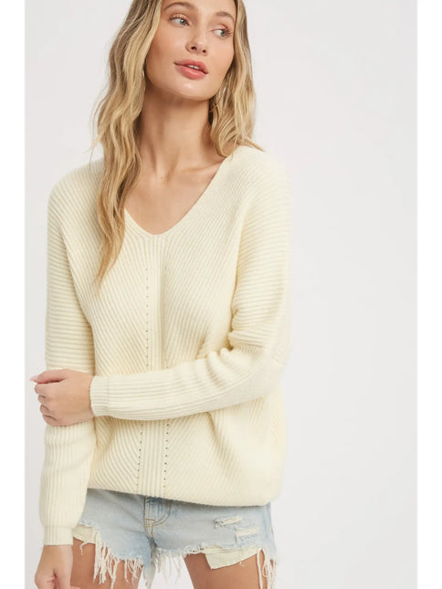 BLUIVY Pointelle Ribbed V-Neck Pullover - Cream