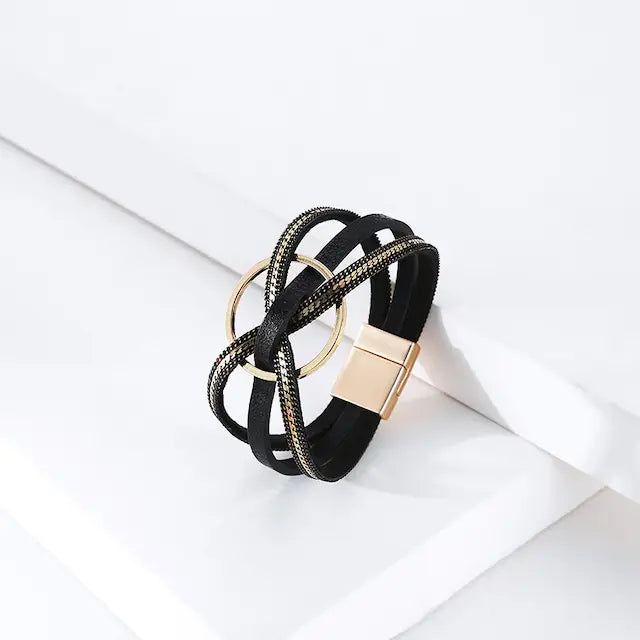 Interlocked Ring Pu Leather Wrap Bracelet