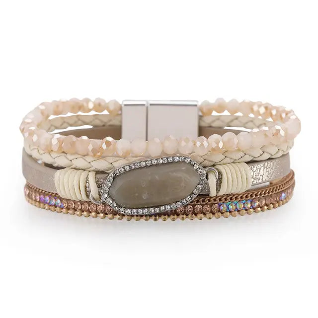 Bead/Rhinestone Accent Pu Leather Wrap Bracelet