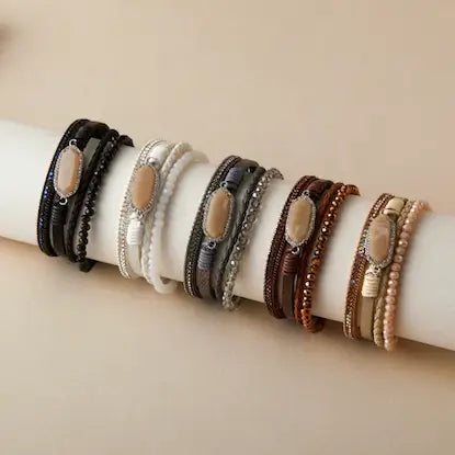 Bead/Rhinestone Accent Pu Leather Wrap Bracelet