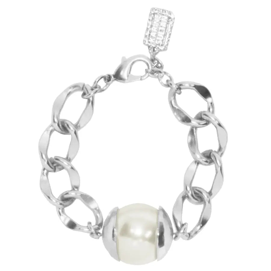 Large Pearl and Curb Link Chain Bracelet - Silver