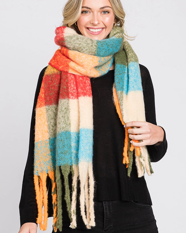 Brushed Multi Color Plaid Fringe Winter Scarf