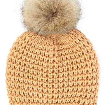 C.C Waffle Stitch Pattern Pom Beanie