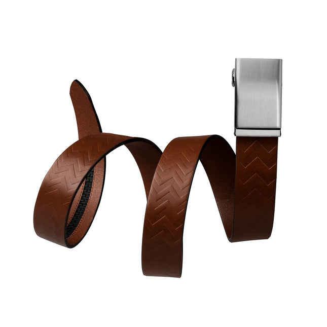 MISSION BELT| STEEL METAL/CHEVRON FULL GRAIN - IN TOBACCO BROWN