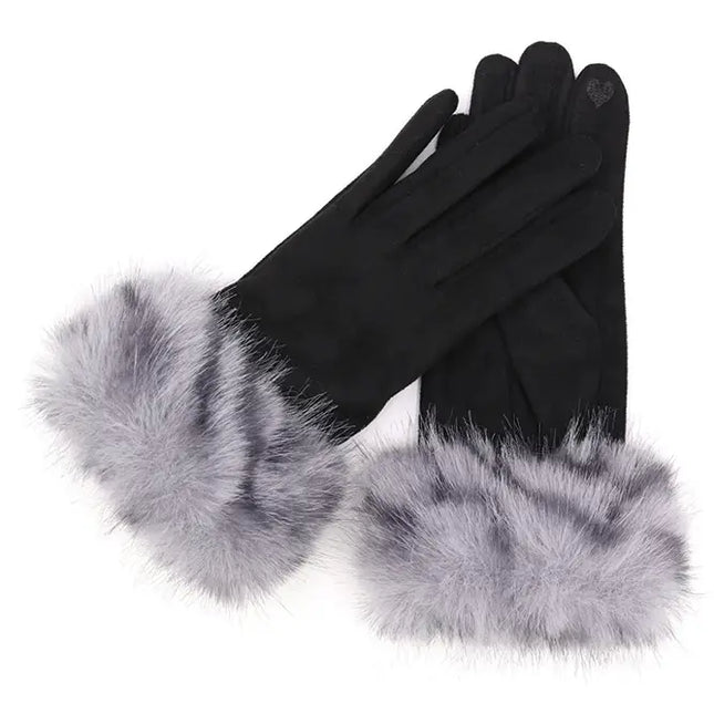 Mixed Color Faux Fur Cuff Smart Touch Gloves