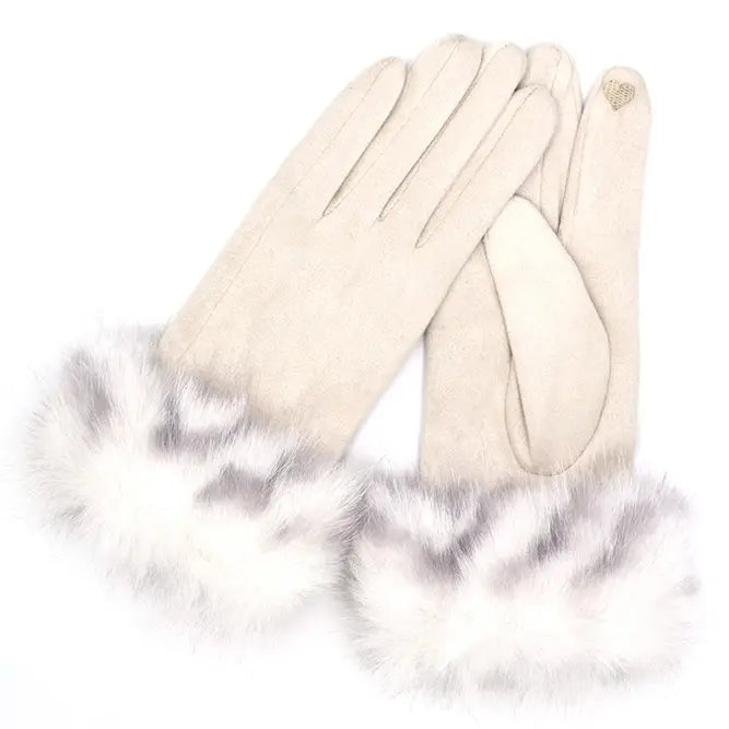 Mixed Color Faux Fur Cuff Smart Touch Gloves