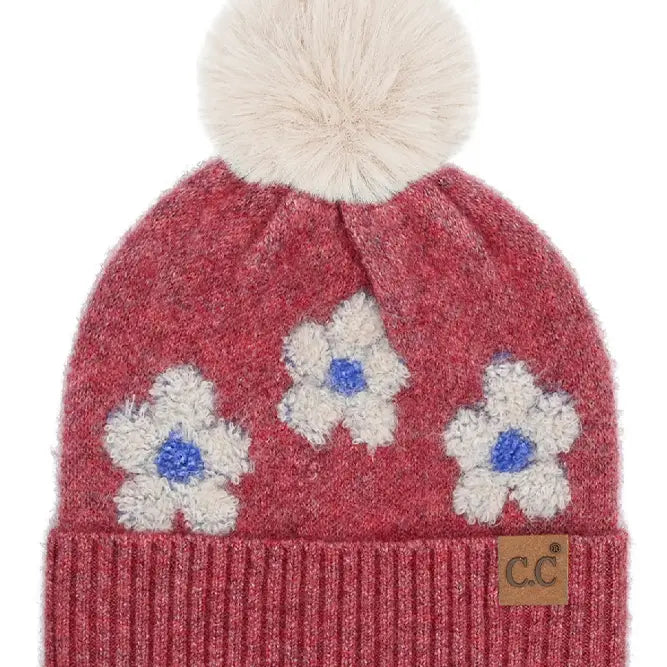 C.C.Beanie Daisy Contrast Faux Fur Pom