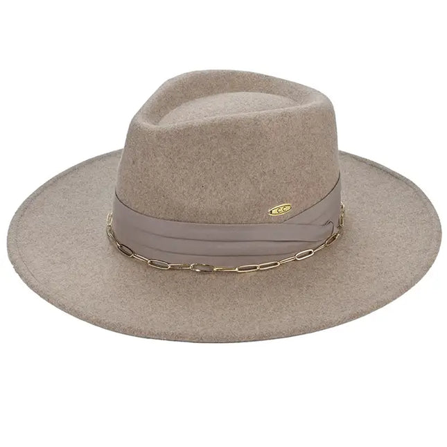 C.C Link Chain and Pleated Wide Band Felt Panama Hat