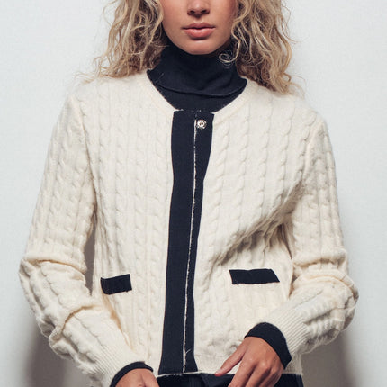 Urban Daizy Cable Knit Snap Front Ribbed Trim Long Sleeve Sweater - Ivory Black