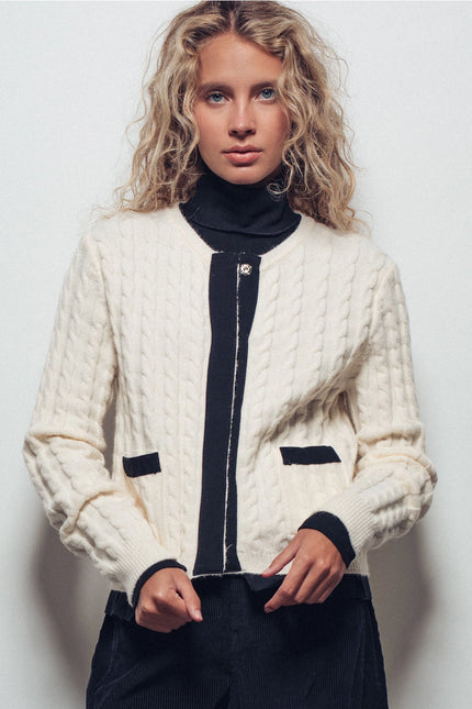 Urban Daizy Cable Knit Snap Front Ribbed Trim Long Sleeve Sweater - Ivory Black