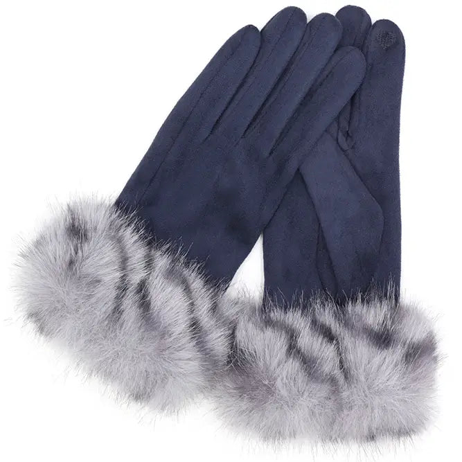 Mixed Color Faux Fur Cuff Smart Touch Gloves