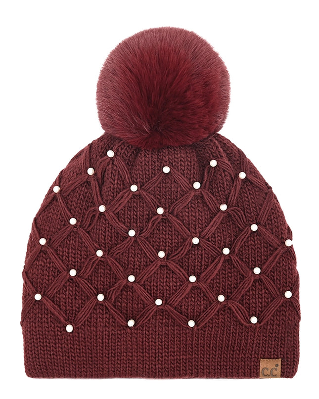 C.C Allover Pearl Crochet Pom Beanie