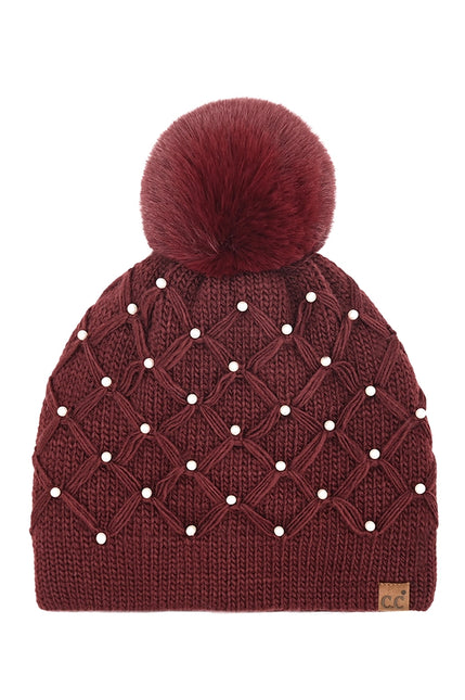 C.C Allover Pearl Crochet Pom Beanie