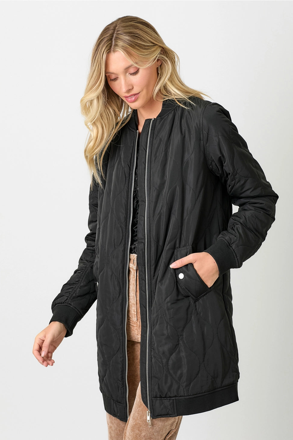 MYSTREE Quilted Long Bomber Jacket