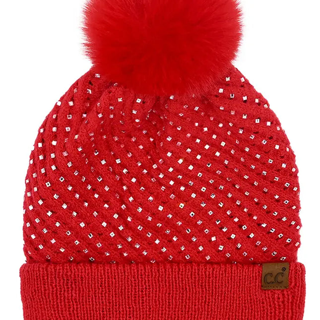 C.C Allover Rhinestone Pom Beanie