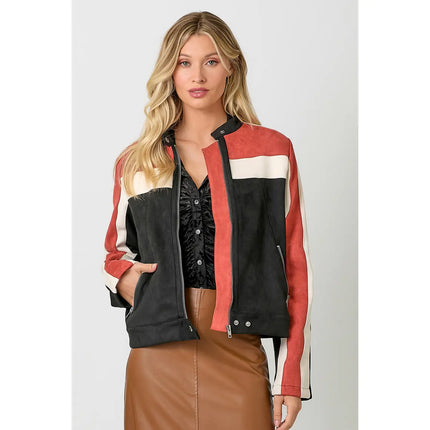 MYSTREE Color Blocked Moto Jacket