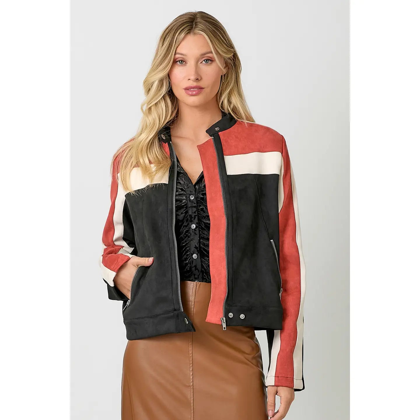 MYSTREE Color Blocked Moto Jacket