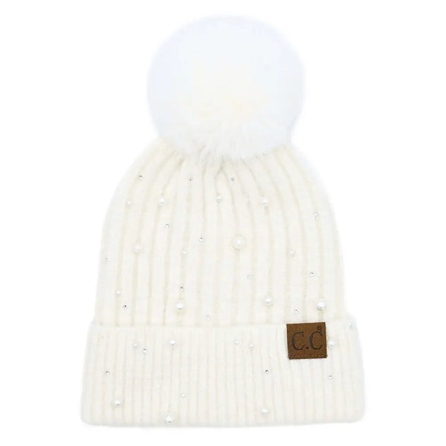 C.C Pearl Embellishments Pom Beanie