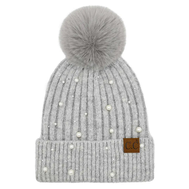 C.C Pearl Embellishments Pom Beanie