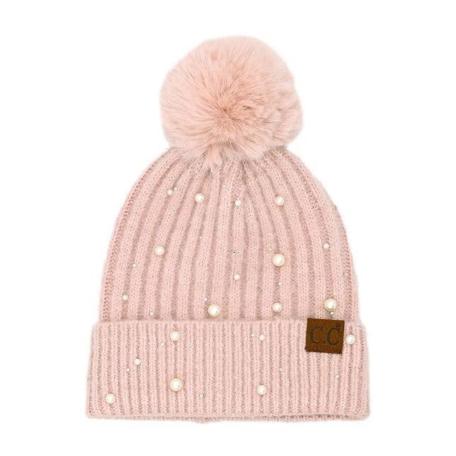 C.C Pearl Embellishments Pom Beanie