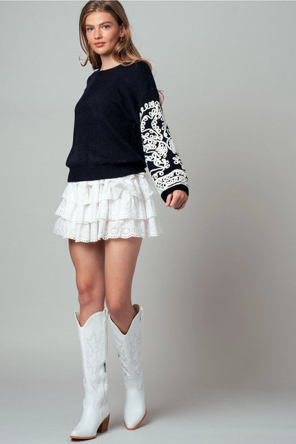 Urban Daizy Embroidered Sleeve Knit Sweater