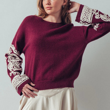 Urban Daizy Embroidered Sleeve Knit Sweater