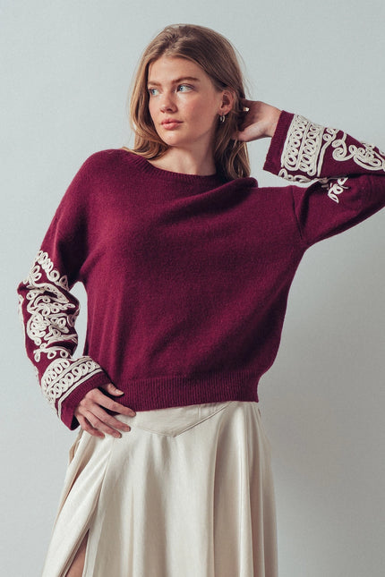 Urban Daizy Embroidered Sleeve Knit Sweater