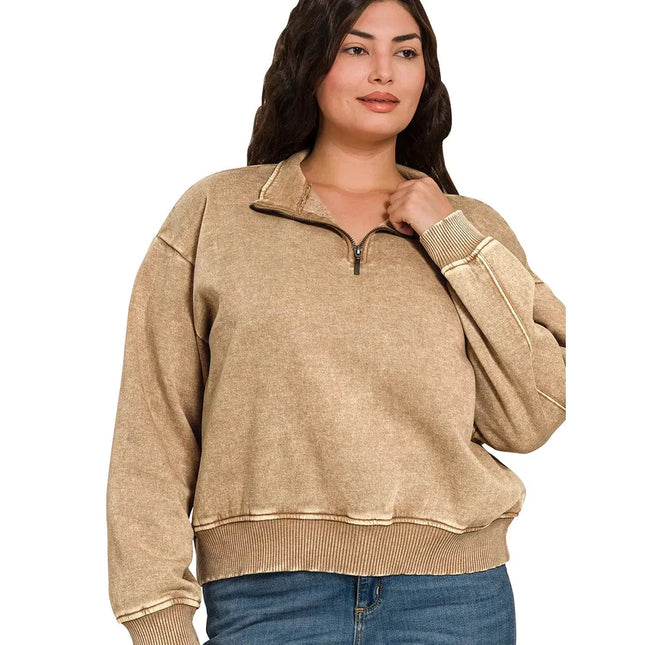 Zenana Plus Size Acid Wash Fleece Half Zip Pullover