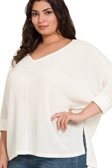 Zenana Plus Size 3/4 Sleeve V-Neck Jacquard Sweater