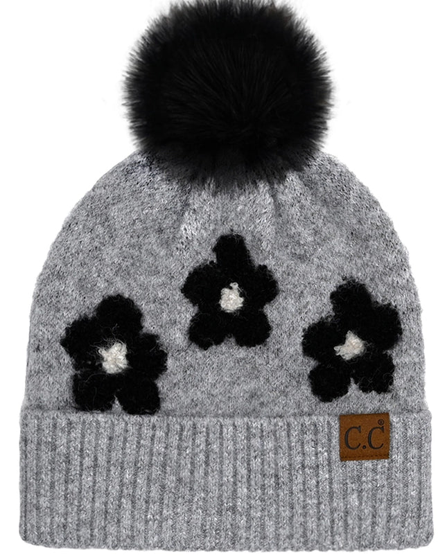 C.C.Beanie Daisy Contrast Faux Fur Pom