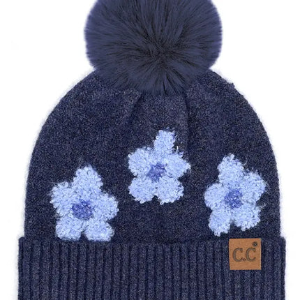 C.C.Beanie Daisy Contrast Faux Fur Pom