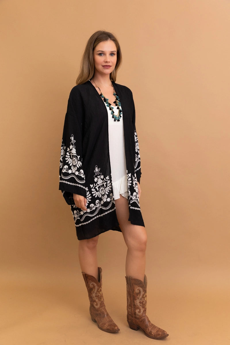 Leto Embroidered Floral Vine Lightweight Kimono W/ Bell Sleeves