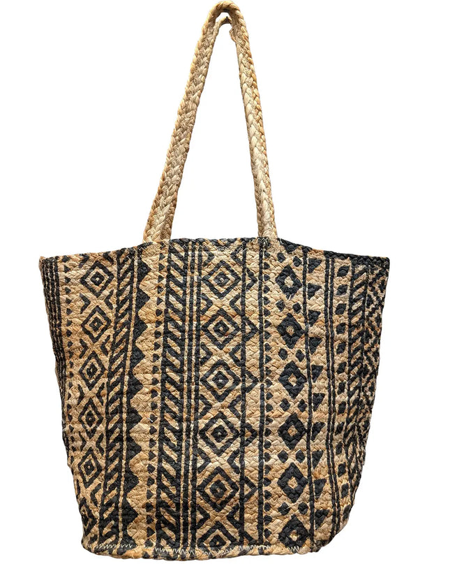 Chloe & Lex Black Block Printed Handcrafted Jute Tote Bag
