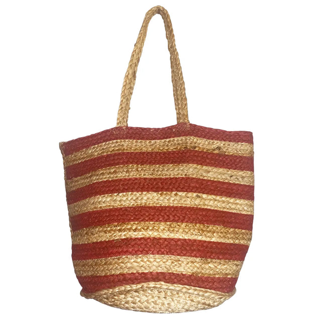 Chloe & Lex Red Stripes Cotton Canvas Jute Tote Bag