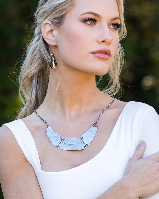 ANJU Kashi Antique Silver Embossed Necklace - Hammered Bib