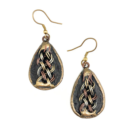 Anju Brass Patina Earrings - Dark Blue with Metal Braid