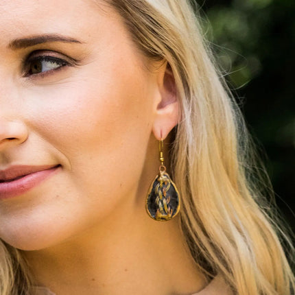 Anju Brass Patina Earrings - Dark Blue with Metal Braid