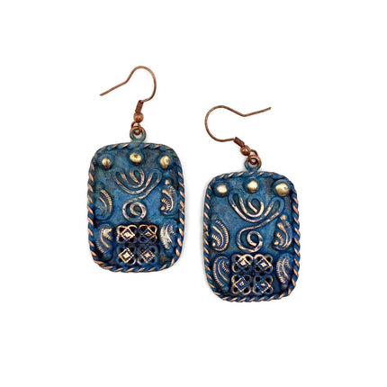 Anju Copper Patina Earrings - Filigree Shapes in Blue Rectangle