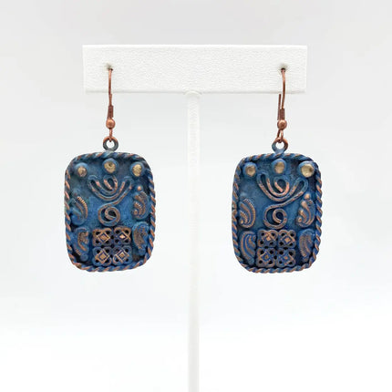 Anju Copper Patina Earrings - Filigree Shapes in Blue Rectangle