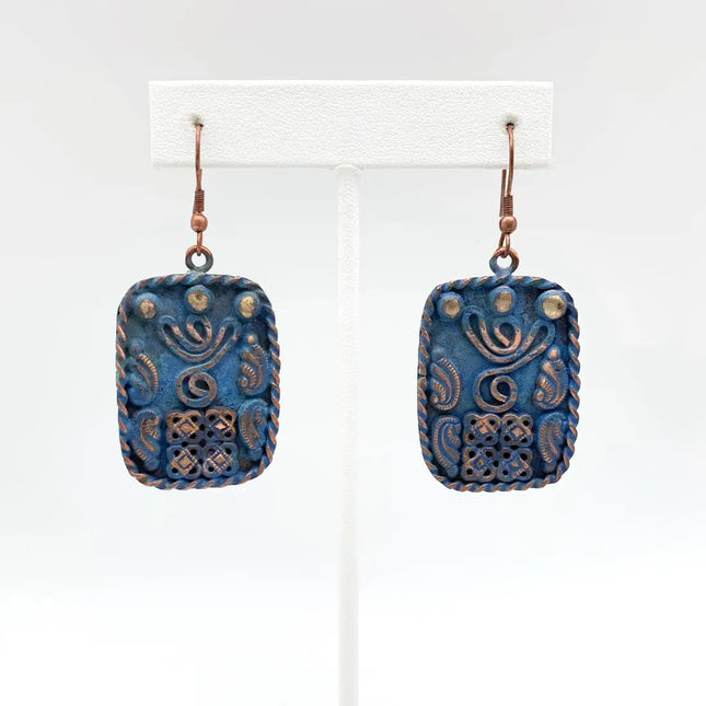 Anju Copper Patina Earrings - Filigree Shapes in Blue Rectangle