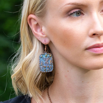 Anju Copper Patina Earrings - Filigree Shapes in Blue Rectangle