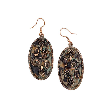 Anju Copper Patina Earrings - Double Spiral and Leaves in Oval