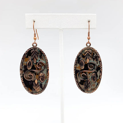 Anju Copper Patina Earrings - Double Spiral and Leaves in Oval