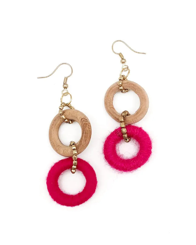 Sachi Bold Whimsy Collection Earrings - Wood, Pink Rings